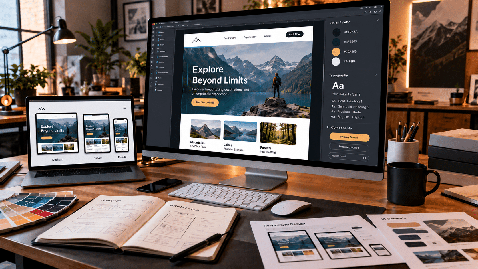 A modern web designer’s workspace with a large monitor and laptop displaying responsive custom website mockups, surrounded by wireframe sketches, color swatches, UI design printouts, a keyboard, mouse, and other creative tools in a warm, contemporary studio.